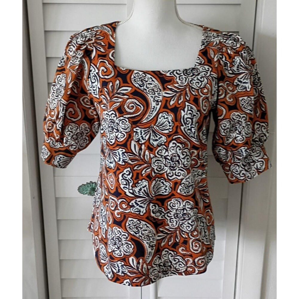 Chico's square‎ neck puff short sleeve orange brown floral Cotton blouse XS/4